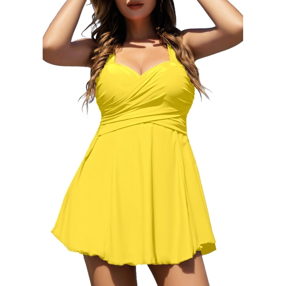 COCOPEAR Women's Elegant Crossover One Piece Swimdress  Skirted,‎ Size 3XL